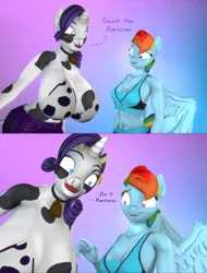Size: 3366x4423 | Tagged: suggestive, artist:dongly12, derpibooru import, rainbow dash, rarity, anthro, cow, plantigrade anthro, unicorn, 3d, bell, bell collar, big breasts, bikini, bikini top, blushing, breasts, busty rainbow dash, busty rarity, cleavage, clothes, collar, cowbell, cowified, do it now, ear tag, female, females only, grin, huge breasts, meme, nervous, nervous grin, nose piercing, nose ring, parody, piercing, raricow, reference, revamped anthros, smiling, source filmmaker, species swap, swimsuit, touch the cow
