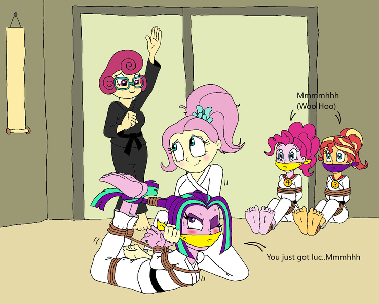 Size: 1397x1120 | Tagged: suggestive, artist:bugssonicx, derpibooru import, aria blaze, fluttershy, pinkie pie, posey shy, sunset shimmer, equestria girls, ariasub, barefoot, black belt, blushing, bondage, bound and gagged, breasts, cloth gag, clothes, equestria girls-ified, exhausted, feet, female, femsub, fluttersub, gag, gi, hair bondage, hogtied, hojojutsu, implied fight, karate, martial arts, medal, muffled words, one eye closed, pinkiesub, ponytail, robe, rope, rope bondage, submissive, subset, sweat, tied up, tournament, trousers