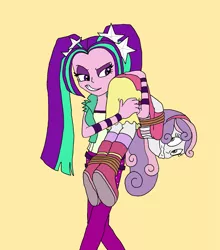 Size: 1449x1644 | Tagged: safe, artist:bugssonicx, derpibooru import, aria blaze, sweetie belle, equestria girls, blouse, bondage, boots, bound and gagged, carrying, cloth gag, clothes, cute, disguise, disguised siren, duo, female, femsub, gag, hairclip, headband, jacket, kidnapped, pants, pigtails, rope, scared, shirt, shoes, skirt, smiling, smirk, socks, submissive, sweetiesub, tied up, twintails, walking