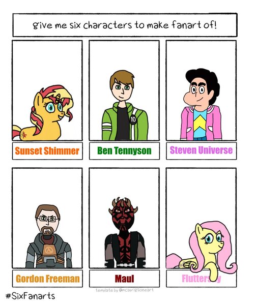 Size: 1005x1200 | Tagged: safe, artist:anxiousash21, derpibooru import, fluttershy, sunset shimmer, human, pegasus, pony, six fanarts, ben 10, ben tennyson, bust, crossover, darth maul, female, gordon freeman, half-life, male, mare, star wars, steven universe