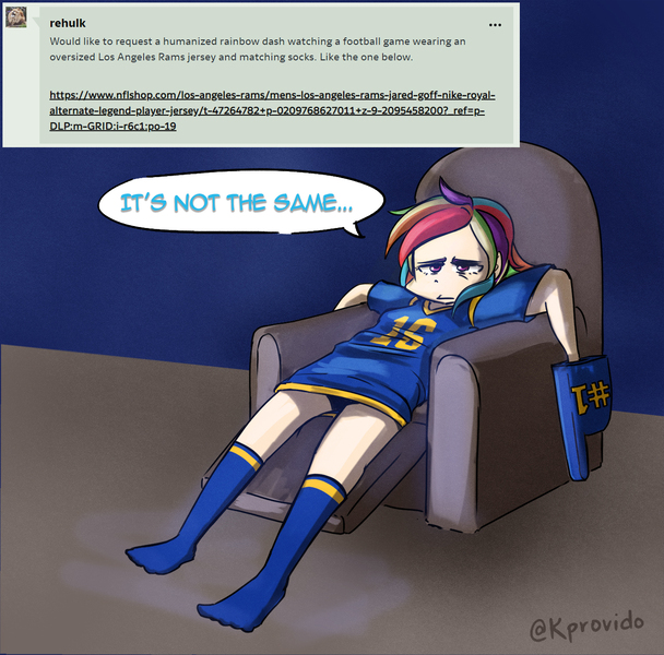 Size: 1275x1258 | Tagged: safe, artist:kprovido, derpibooru import, rainbow dash, human, american football, chair, clothes, female, foam finger, humanized, jersey, los angeles rams, nfl, socks, solo, sports