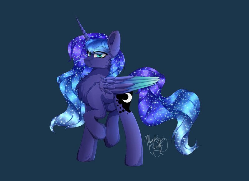 Size: 2048x1489 | Tagged: safe, artist:pearl123_art, derpibooru import, princess luna, alicorn, pony, chest fluff, ethereal mane, female, galaxy mane, mare, raised hoof, signature, solo