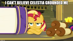 Size: 888x499 | Tagged: safe, derpibooru import, edit, edited screencap, editor:twi clown, screencap, sunset shimmer, pony, unicorn, equestria girls, equestria girls series, forgotten friendship, angry, book, caption, crossed arms, crossed hooves, cute, female, fire, fireplace, grounded, image macro, imgflip, madorable, mare, meme, scroll, shimmerbetes, solo, sunset shimmer is not amused, text, unamused, unhappy