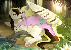 Size: 1200x835 | Tagged: safe, artist:mr-tiaa, derpibooru import, oc, oc:silent flight, oc:valencia equi, unofficial characters only, unicorn, cuddling, fluffy, forest, looking at each other, shipping, side, talons, tree, water
