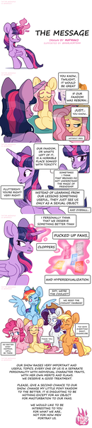 Size: 2700x12420 | Tagged: safe, artist:marmaco, derpibooru import, applejack, fluttershy, pinkie pie, rainbow dash, rarity, twilight sparkle, artist is a duck, mane six, misandry, mouthpiece, sexism, slacktivist, social justice warrior, translation, vulgar