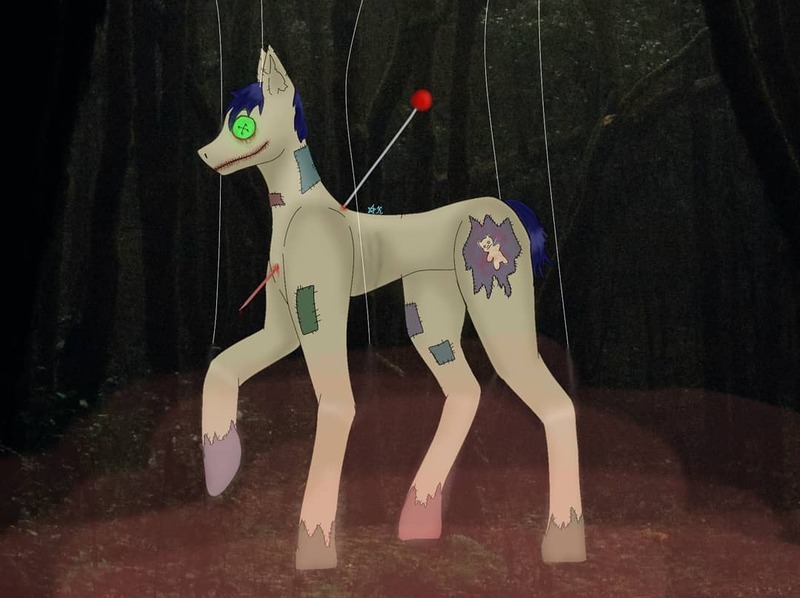 Size: 1080x807 | Tagged: semi-grimdark, alternate version, artist:starly_but, derpibooru import, oc, unofficial characters only, earth pony, pony, button eyes, earth pony oc, forest, impalement, raised hoof, smiling, solo, stitches, tree, voodoo doll