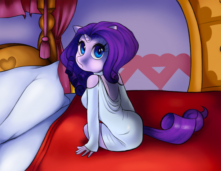 Size: 1280x990 | Tagged: anthro, artist:fluffleart, bed, bedroom, breasts, clothes, derpibooru import, female, looking at you, looking back, looking back at you, looking over shoulder, nightgown, rarity, safe, solo