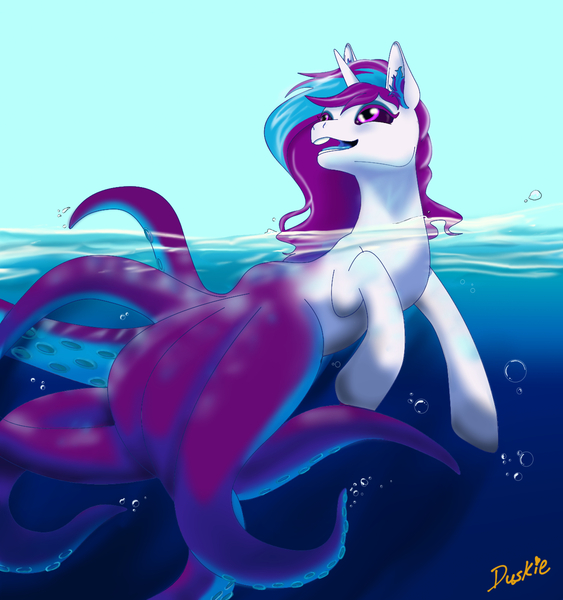 Size: 1230x1312 | Tagged: safe, artist:duskflare, derpibooru import, oc, oc:blazep0ny, oc:flare, monster pony, octopony, original species, pony, unicorn, tentacles, water