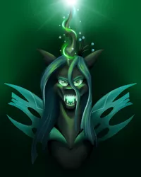 Size: 1600x2000 | Tagged: safe, artist:lordofthefeathers, derpibooru import, queen chrysalis, changeling, changeling queen, bust, female, glowing eyes, glowing horn, glowing mouth, green background, horn, open mouth, portrait, simple background, solo, speedpaint available, spread wings, wings