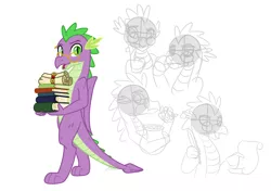 Size: 2893x2039 | Tagged: safe, artist:camo-pony, derpibooru import, spike, dragon, book, glasses, male, older, older spike, quill, scroll, simple background, sketch, solo, white background, winged spike