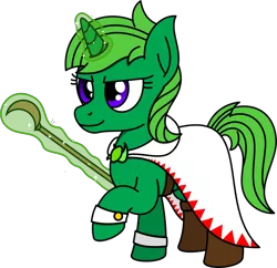 Size: 1181x1141 | Tagged: safe, artist:peternators, derpibooru import, oc, oc:lime dream, unofficial characters only, pony, unicorn, boots, cape, clothes, female, levitation, magic, mare, raised hoof, shoes, simple background, smiling, solo, staff, telekinesis, transparent background, white mage