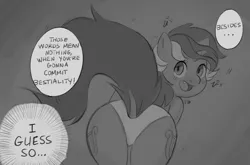 Size: 1280x847 | Tagged: suggestive, artist:fluffleart, derpibooru import, lyra heartstrings, pony, unicorn, butt, clothes, crossover, female, imminent sex, implied human, looking at you, looking back, looking back at you, mare, monochrome, not bestiality, offscreen character, panties, rear view, underwear