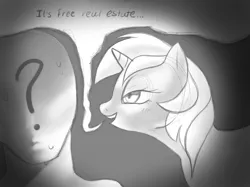 Size: 2732x2048 | Tagged: safe, artist:fluffleart, derpibooru import, lyra heartstrings, oc, oc:anon, human, pony, unicorn, duo, female, it's free real estate, mare, monochrome, speech bubble, whispering