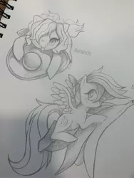 Size: 1536x2048 | Tagged: safe, artist:fluffleart, derpibooru import, oc, unofficial characters only, pegasus, pony, avocado, banana, duo, food, hair over one eye, monochrome, pencil drawing, tongue out, traditional art