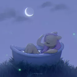 Size: 2126x2126 | Tagged: anthro, artist:katputze, bath, bathing, bathtub, crescent moon, derpibooru import, eyes closed, female, firefly (insect), floppy ears, fluttershy, grass, insect, moon, night, safe, solo, wet, wet mane