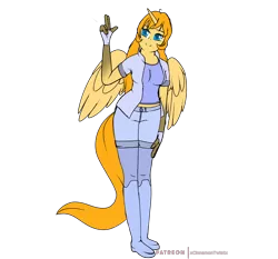 Size: 3000x2800 | Tagged: alicorn, alicorn oc, anthro, artist:xcinnamon-twistx, clothes, derpibooru import, female, horn, large wings, long tail, looking at you, oc, patreon, patreon link, patreon logo, patreon reward, safe, salute, shirt, shoes, shorts, simple background, solo, transparent background, unofficial characters only, wings
