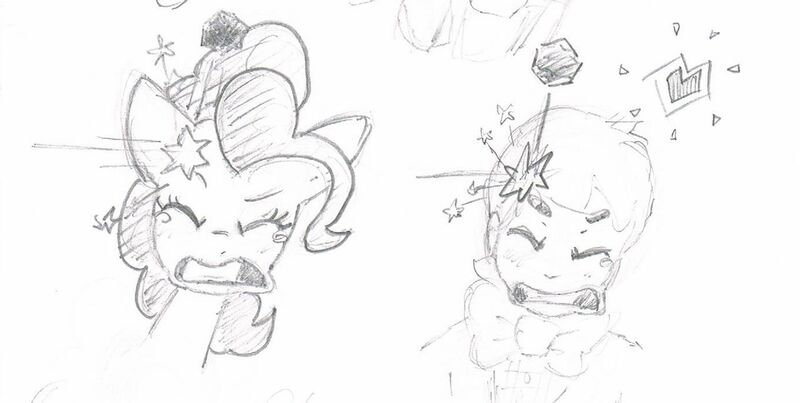 Size: 1280x645 | Tagged: safe, artist:fipoki, derpibooru import, pinkie pie, earth pony, human, bowtie, eyes closed, hitting, open mouth, pencil drawing, rock, sketch, stars, traditional art
