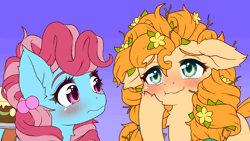 Size: 1278x720 | Tagged: safe, artist:symbianl, derpibooru import, cup cake, pear butter, earth pony, pony, the perfect pear, animated, blushing, chiffon swirl, cute, cute cake, duo, eye shimmer, female, flower, flower in hair, gif, mare, pearabetes, purple background, scene interpretation, simple background