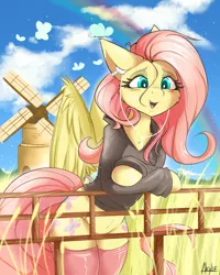 Size: 2400x3000 | Tagged: safe, artist:akylie, derpibooru import, fluttershy, butterfly, insect, pegasus, pony, semi-anthro, adorasexy, bipedal, bipedal leaning, blushing, both cutie marks, bottomless, clothes, cloud, cute, earbuds, female, fence, field, headphones, hoodie, leaning, mare, no panties, open mouth, partial nudity, rainbow, sexy, shyabetes, sky, socks, solo, stockings, strategically covered, thigh highs, windmill