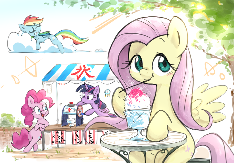 Size: 2298x1600 | Tagged: safe, artist:nendo, derpibooru import, fluttershy, pinkie pie, rainbow dash, twilight sparkle, twilight sparkle (alicorn), alicorn, earth pony, pegasus, pony, blushing, bowl, cloud, crepuscular rays, cute, dessert, drool, female, folded wings, hoof hold, ice cream stand, japanese, leaning, lens flare, looking at you, mare, moon runes, nap, on a cloud, outdoors, shaved ice, shaved ice machine, shyabetes, sitting, sleeping, smiling, solo focus, spoon, spread wings, street, summer, table, three quarter view, tree, vendor, vendor stall, wings