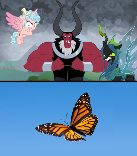 Size: 2912x3328 | Tagged: safe, derpibooru import, edit, edited screencap, screencap, cozy glow, lord tirek, queen chrysalis, alicorn, butterfly, centaur, changedling, changeling, insect, pony, the ending of the end, alicornified, cozycorn, female, filly, irl, male, photo, race swap, ultimate chrysalis