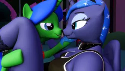 Size: 2000x1125 | Tagged: suggestive, artist:johnnyxluna, derpibooru import, princess luna, oc, oc:king lightning chaser, alicorn, anthro, 3d, anthro with ponies, bra, canon x oc, clothes, female, giant anthro, image, looking at each other, love, macro, male, nose to nose, outdoors, panties, png, shipping, size difference, slightly taller, smiling, underwear