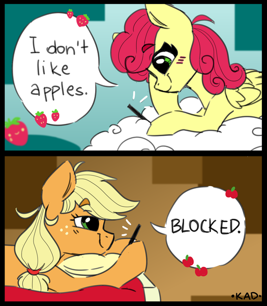 Size: 1050x1200 | Tagged: safe, artist:madkadd, derpibooru import, applejack, strawberry sunrise, earth pony, pegasus, pony, bed, blushing, cloud, comic, dialogue, duo, female, food, freckles, hoof hold, mare, meme, on a cloud, pillow, ponified meme, prone, signature, smiling, strawberry, strawberry savage, that pony sure does hate apples