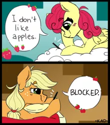 Size: 1050x1200 | Tagged: safe, artist:madkadd, derpibooru import, applejack, strawberry sunrise, earth pony, pegasus, pony, bed, blushing, cloud, comic, dialogue, duo, female, food, freckles, hoof hold, mare, meme, on a cloud, pillow, ponified meme, prone, signature, smiling, strawberry, strawberry savage, that pony sure does hate apples