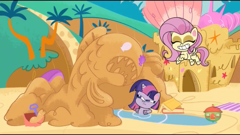 Size: 1136x640 | Tagged: safe, derpibooru import, screencap, fluttershy, twilight sparkle, alicorn, pegasus, pony, my little pony: pony life, pony surfin' safari, spoiler:pony life s01e14, spoiler:pony life s01e22, beach, sand sculpture, treehouse logo