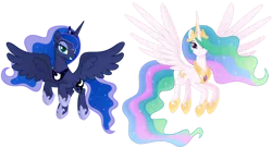 Size: 1280x695 | Tagged: safe, artist:negatif22, derpibooru import, princess celestia, princess luna, alicorn, pony, crown, duo, female, jewelry, looking at you, mare, regalia, royal sisters, siblings, simple background, sisters, smiling, spread wings, transparent background, wings