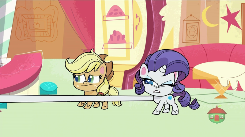 Size: 1920x1080 | Tagged: safe, derpibooru import, screencap, applejack, rarity, earth pony, pony, unicorn, my little pony: pony life, sick day, spoiler:pony life s01e13, spoiler:pony life s01e20, cartoon physics, elastic, stretching, stretchy