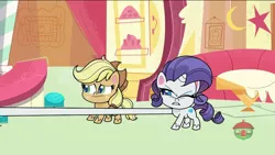 Size: 1920x1080 | Tagged: safe, derpibooru import, screencap, applejack, rarity, earth pony, pony, unicorn, my little pony: pony life, sick day, spoiler:pony life s01e13, spoiler:pony life s01e20, cartoon physics, elastic, stretching, stretchy