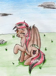 Size: 1866x2540 | Tagged: safe, artist:40kponyguy, derpibooru import, oc, oc:scarlet dusk, bat pony, bat pony oc, bat wings, cute, ear fluff, floppy ears, grass, looking at you, ocbetes, one eye closed, raised hoof, solo, spread wings, traditional art, wings