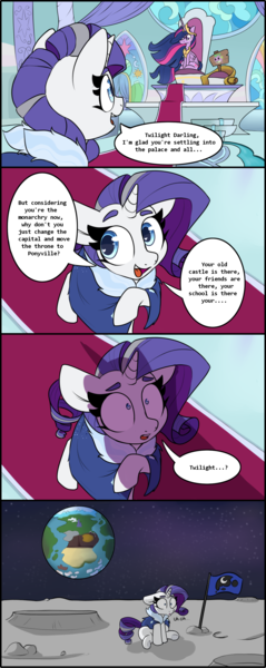 Size: 1327x3325 | Tagged: safe, artist:lockheart, derpibooru import, nightmare rarity, princess twilight 2.0, rarity, spike, twilight sparkle, twilight sparkle (alicorn), alicorn, pony, unicorn, the last problem, burger, crown, dialogue, equestria, flag, food, hamburger, jewelry, moon, older, older rarity, peytral, planet, regalia, space, speech bubble, text, throne, throne room, to the moon, twibitch sparkle, tyrant sparkle