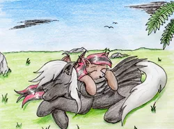 Size: 2344x1739 | Tagged: safe, artist:40kponyguy, derpibooru import, oc, oc:alex sinfalair, oc:scarlet dusk, bat pony, pegasus, pony, cute, ear fluff, female, grass, male, mare, requested art, sleeping, stallion, traditional art