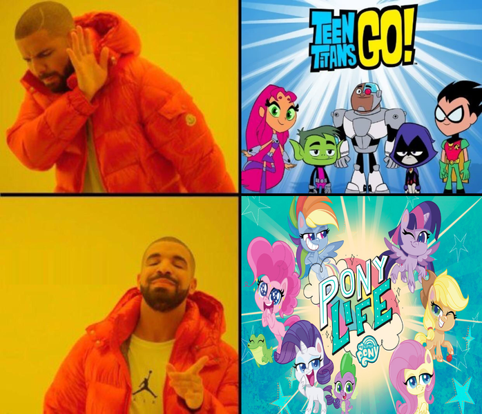 Size: 1250x1075 | Tagged: applejack, beast boy, cyborg (teen titans), derpibooru import, drake, exploitable meme, fluttershy, gummy, hotline bling, logo, mane six, meme, my little pony: pony life, op is a swan, op is right, op is right you know, pinkie pie, rainbow dash, rarity, raven (teen titans), robin, safe, spike, starfire, teen titans go, truth, twilight sparkle