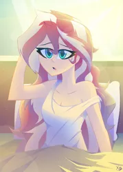 Size: 2340x3264 | Tagged: safe, artist:xan-gelx, derpibooru import, sunset shimmer, equestria girls, adorasexy, bed, bedroom, breasts, cleavage, clothes, crepuscular rays, cute, dress, eyelashes, female, high res, loose fitting clothes, morning, open mouth, pillow, sexy, shimmerbetes, sleeveless, solo, tanktop