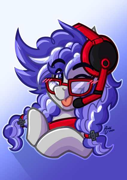 Size: 1448x2048 | Tagged: safe, artist:aidraws, derpibooru import, oc, oc:cinnabyte, unofficial characters only, pony, adorkable, bandana, cinnabetes, cute, dork, gaming headset, glasses, headphones, headset, icon, nerd, pigtails, solo