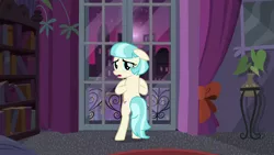 Size: 1280x720 | Tagged: safe, derpibooru import, edit, edited screencap, editor:slayerbvc, screencap, coco pommel, earth pony, pony, made in manehattan, accessory-less edit, bipedal, female, floppy ears, looking back, mare, missing accessory, skyline, solo