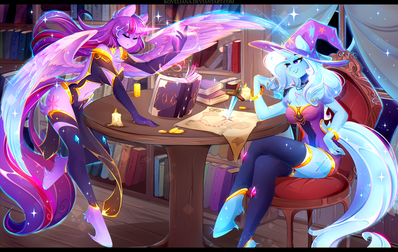 Size: 3600x2280 | Tagged: safe, artist:koveliana, derpibooru import, trixie, twilight sparkle, twilight sparkle (alicorn), alicorn, anthro, unguligrade anthro, unicorn, alternate clothes, belly button, bits, book, bookhorse, bookshelf, bracelet, candle, candlelight, chair, chest fluff, coin, colorful, duo, duo female, eyes closed, female, floating, fluffy, glow, glowing hands, grin, hoof fluff, image, jewelry, leg fluff, library, lidded eyes, map, night, png, regalia, reunited, sitting, smiling, sparkles, spread wings, table, unshorn fetlocks, window, wing fluff, wings