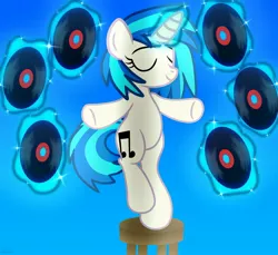 Size: 2048x1877 | Tagged: safe, artist:agkandphotomaker2000, derpibooru import, vinyl scratch, pony, unicorn, female, levitation, magic, pose, raised leg, seat, show accurate, simple background, solo, telekinesis, vinyl disc