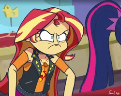 Size: 1700x1350 | Tagged: safe, artist:captainjackass07, derpibooru import, sci-twi, sunset shimmer, twilight sparkle, equestria girls, equestria girls series, rollercoaster of friendship, angry, carnival, carnival game, clothes, female, frown, geode of empathy, magical geodes, rageset shimmer, scene interpretation, shrunken pupils, that pony sure have anger issues, vest