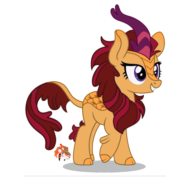 Size: 2550x2550 | Tagged: safe, artist:firehearttheinferno, derpibooru import, oc, oc:summer ardor, unofficial characters only, kirin, fallout equestria, brown mane, cloven hooves, concept for a fanfic, cream coat, cute, fallout, fallout equestria: burdens, female, for a friend, gift art, grin, happy, horn, image, leonine tail, mare, pink, png, purple, purple eyes, purple highlights, scales, simple background, smiling, solo, transparent background, watermark, yellow