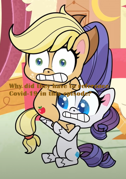 Size: 500x713 | Tagged: safe, derpibooru import, edit, edited screencap, screencap, applejack, rarity, earth pony, pony, unicorn, my little pony: pony life, sick day, spoiler:pony life s01e13, spoiler:pony life s01e20, carrying, coronavirus, covid-19, female, holding, hug, looking at you, mare, scared