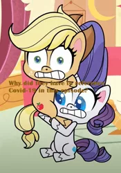 Size: 500x713 | Tagged: safe, derpibooru import, edit, edited screencap, screencap, applejack, rarity, earth pony, pony, unicorn, my little pony: pony life, sick day, spoiler:pony life s01e13, spoiler:pony life s01e20, carrying, coronavirus, covid-19, female, holding, hug, looking at you, mare, scared