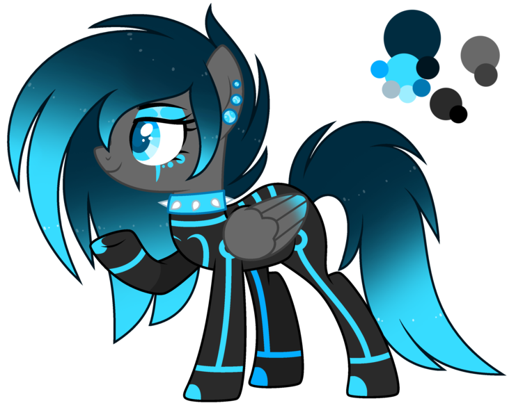 Size: 2984x2416 | Tagged: safe, artist:aestheticallylithi, artist:lazuli, derpibooru import, oc, oc:neon stream, unofficial characters only, pegasus, pony, base used, boots, choker, clothes, cyber-questria, ear piercing, earring, eyeshadow, female, gloves, jewelry, jumpsuit, makeup, mare, multicolored hair, piercing, raised hoof, reference sheet, shoes, simple background, solo, spiked choker, tattoo, transparent background