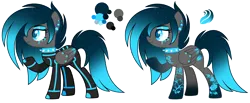 Size: 5852x2416 | Tagged: safe, artist:aestheticallylithi, artist:lazuli, derpibooru import, oc, oc:neon stream, unofficial characters only, pegasus, pony, base used, boots, choker, clothes, cyber-questria, ear piercing, earring, eyeshadow, female, gloves, jewelry, jumpsuit, kanji, makeup, mare, multicolored hair, piercing, raised hoof, reference sheet, shoes, simple background, solo, spiked choker, tattoo, transparent background