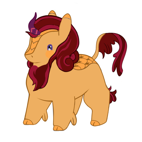 Size: 2400x2400 | Tagged: safe, artist:firehearttheinferno, derpibooru import, oc, oc:summer ardor, kirin, pony, blush sticker, blushing, brown mane, chibi, chimken numget, chubby, cloven hooves, cream coat, cute, fallout, fallout equestria: burdens, female, for a friend, happy, horn, leonine tail, mane, mare, pink, potat pone, purple, purple eyes, purple highlights