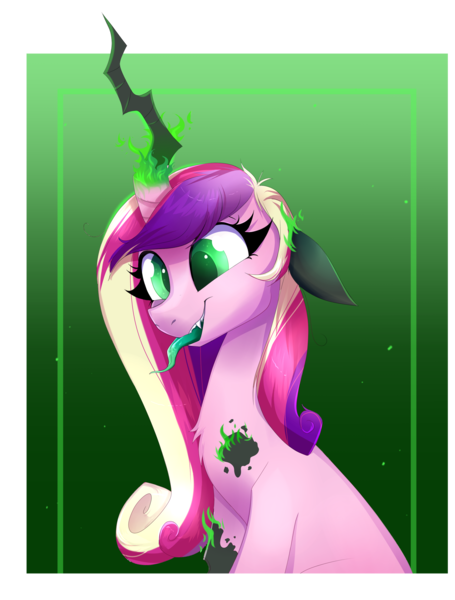 Size: 2316x3052 | Tagged: safe, artist:confetticakez, derpibooru import, princess cadance, queen chrysalis, alicorn, changeling, pony, abstract background, adoracreepy, creepy, cute, disguise, disguised changeling, fake cadance, fangs, female, fire, floppy ears, high res, magic, mare, smiling, solo, tongue out, transformation