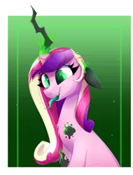 Size: 2316x3052 | Tagged: safe, artist:confetticakez, derpibooru import, princess cadance, queen chrysalis, alicorn, changeling, pony, abstract background, adoracreepy, creepy, cute, disguise, disguised changeling, fake cadance, fangs, female, fire, floppy ears, high res, magic, mare, smiling, solo, tongue out, transformation